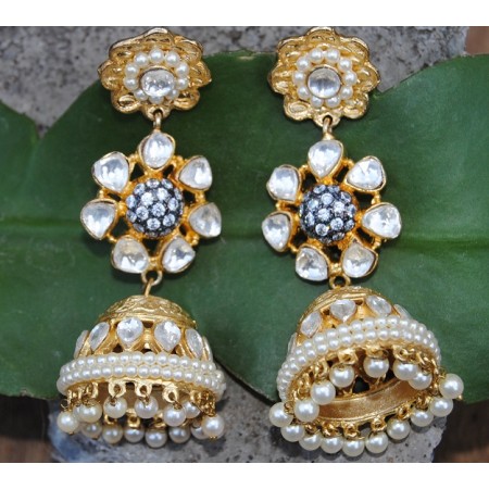 Floral Pearl Kundan Gold Jhumka Earrings